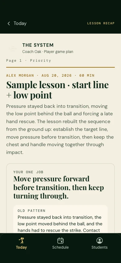 A ready recap as the coach reads it: a sample lesson titled start line and low point, with the priority and the student's one job.