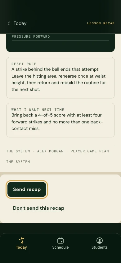 The send decision: a Send recap button and a Don't send this recap link beneath the reviewed recap.